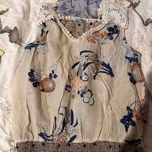 Anthropologie Leifnotes Light Cream Floral Lace-Trim Sleeveless Peasant Blouse